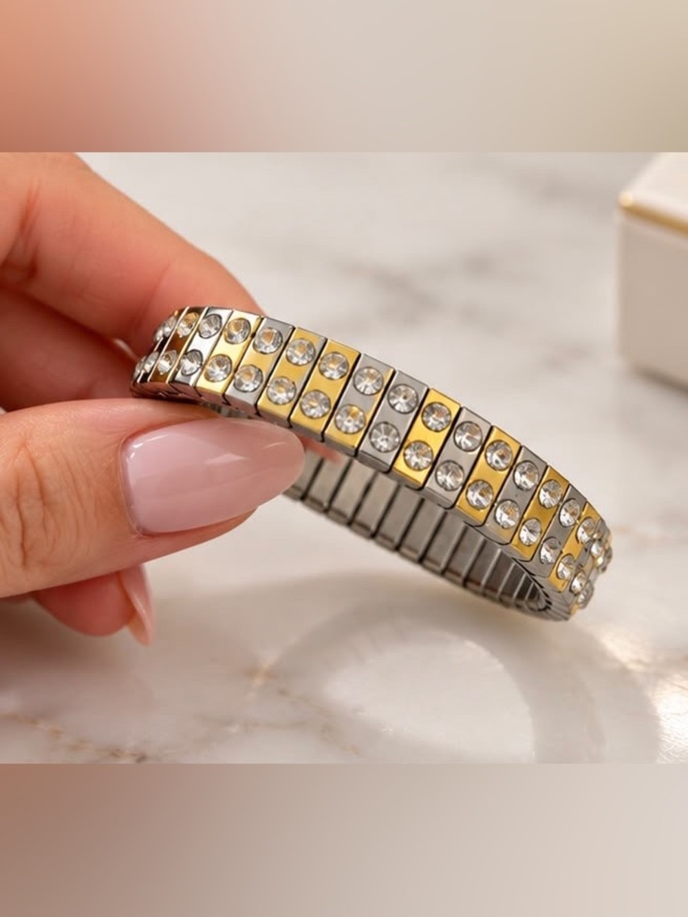 Elegant Two-Tone Crystal Stretch Bracelet | Gold & Silver Rhinestone Bracelet